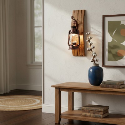Vaelora Vintage Kerosene Wood Backplate Metal Wall Sconce