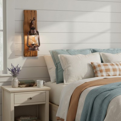 Vaelora Vintage Kerosene Wood Backplate Metal Wall Sconce