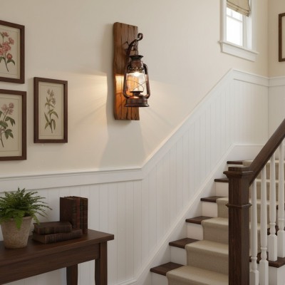 Vaelora Vintage Kerosene Wood Backplate Metal Wall Sconce