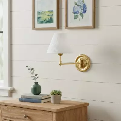 Lunova Farmhouse Brass Fabric Conical Wall Light