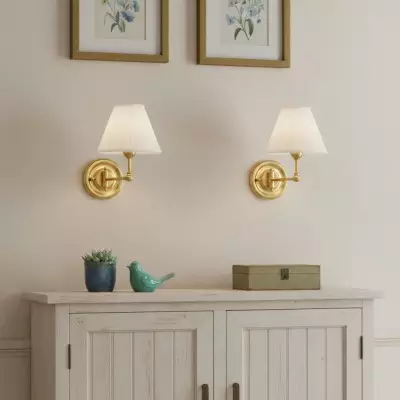 Lunova Farmhouse Brass Fabric Conical Wall Light
