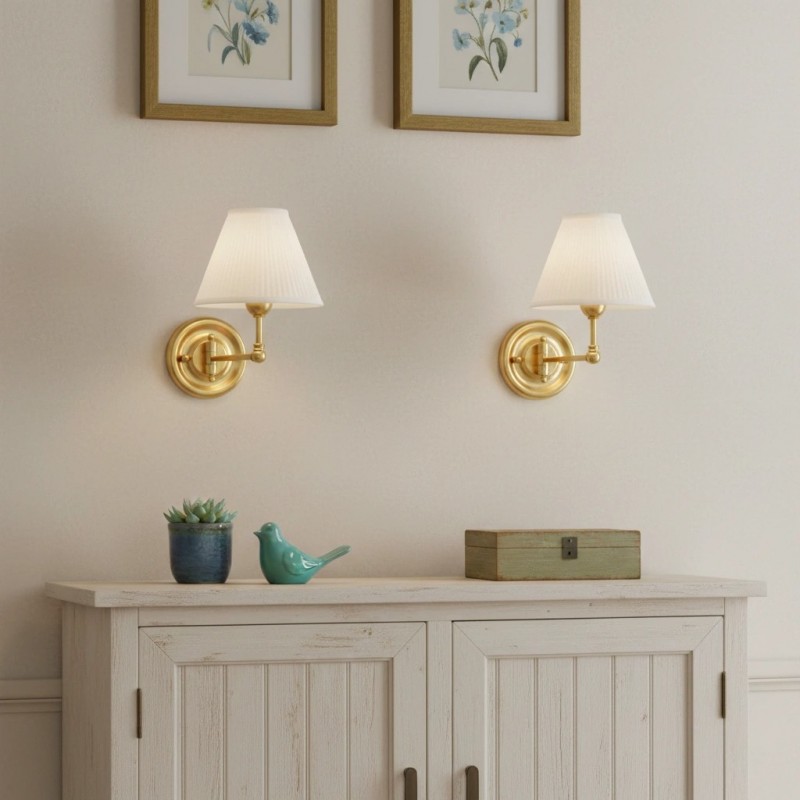 Lunova Farmhouse Brass Fabric Conical Wall Light