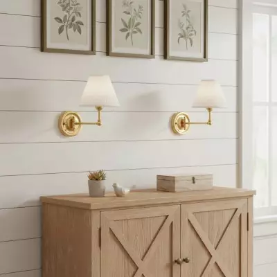 Lunova Farmhouse Brass Fabric Conical Wall Light