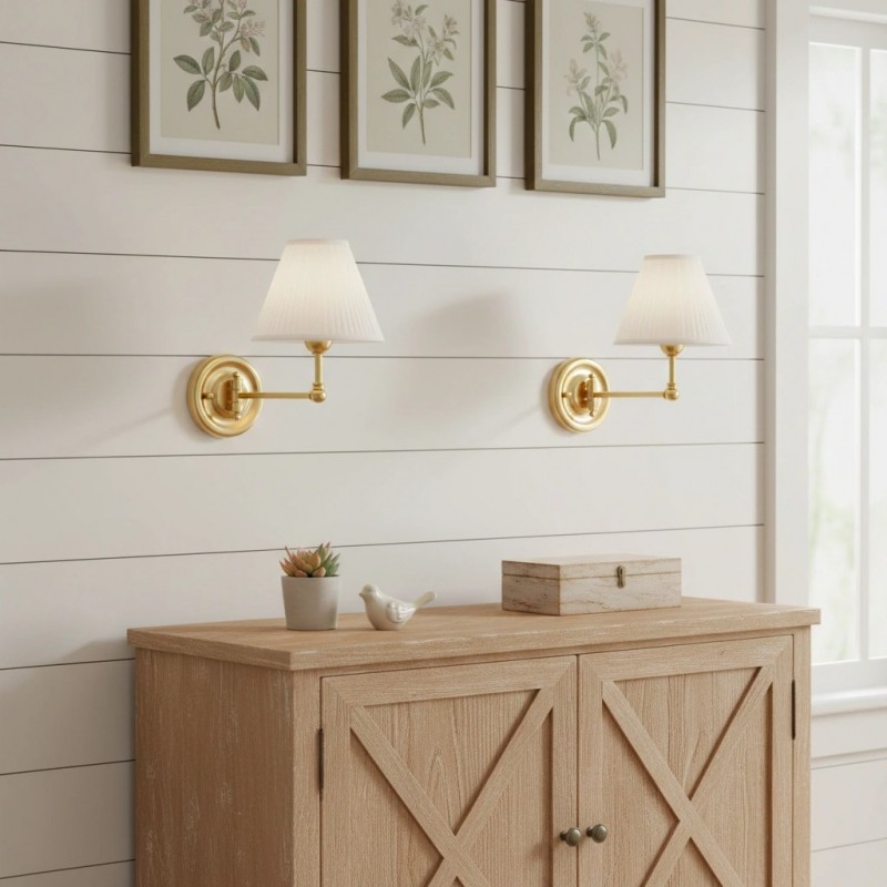 Lunova Farmhouse Brass Fabric Conical Wall Light