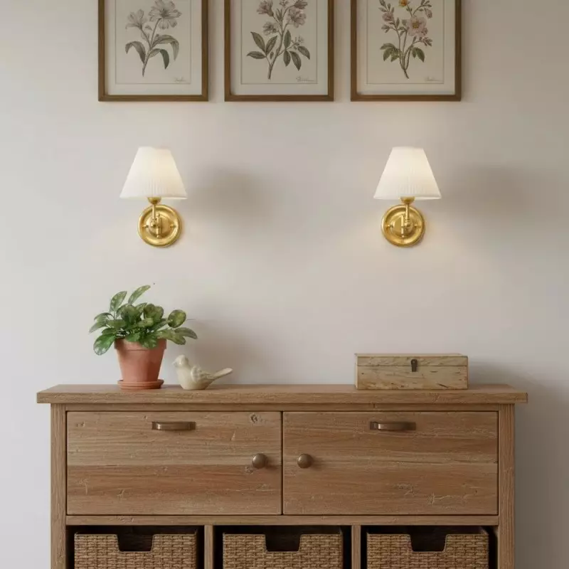 Lunova Farmhouse Brass Fabric Conical Wall Light