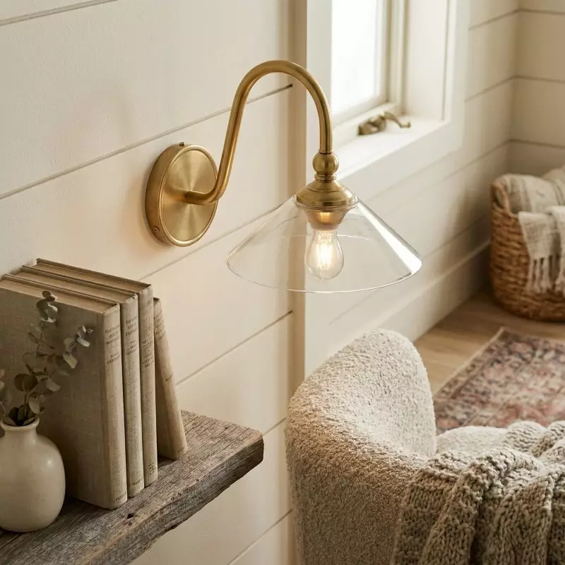 Cygnira Vintage Brass Glass Curved Neck Wall Light