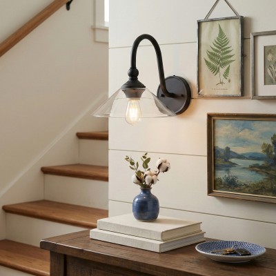 Cygnira Vintage Brass Glass Curved Neck Wall Light