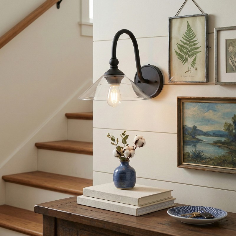 Cygnira Vintage Brass Glass Curved Neck Wall Light