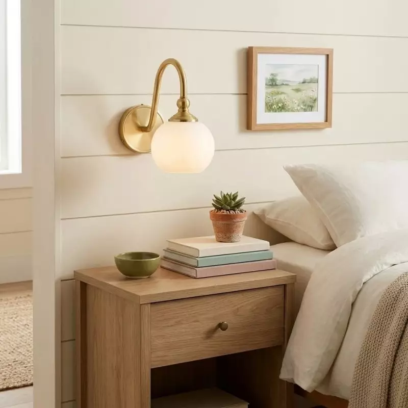 Cygnira Vintage Brass Glass Curved Neck Wall Light