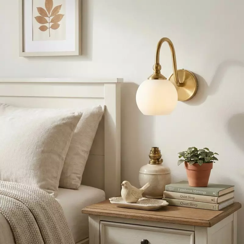 Cygnira Vintage Brass Glass Curved Neck Wall Light