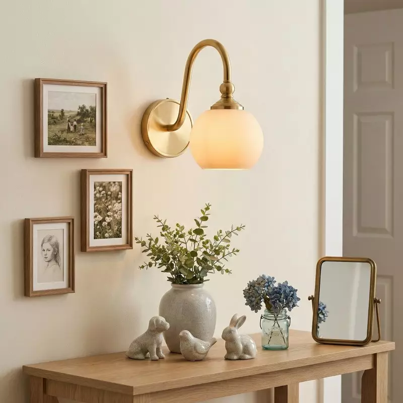 Cygnira Vintage Brass Glass Curved Neck Wall Light