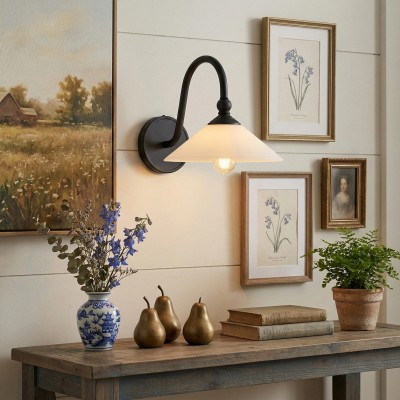 Cygnira Vintage Brass Glass Curved Neck Wall Light