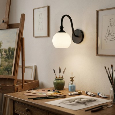 Cygnira Vintage Brass Glass Curved Neck Wall Light