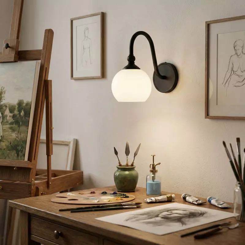 Cygnira Vintage Brass Glass Curved Neck Wall Light