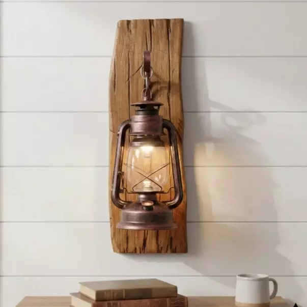 Vaelora Vintage Kerosene Wood Backplate Metal Wall Sconce