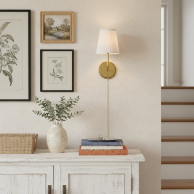 Veluna Vintage Brass Fabric Cone Wall Sconce