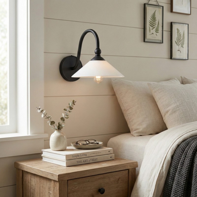 Cygnira Vintage Brass Glass Curved Neck Wall Light