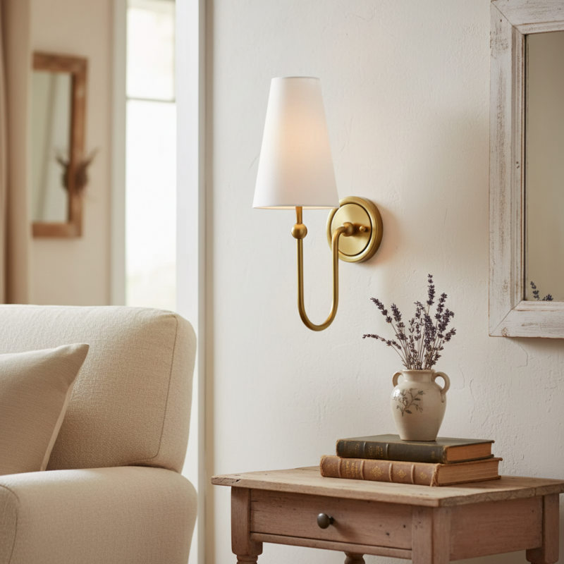 Azon Country Linen Brass Swan Neck Wall Light