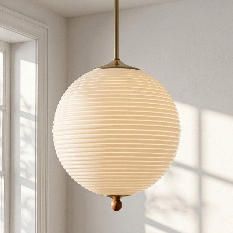 Xan Retro White Globe Ribbed Glass Pendant Light