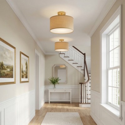 James Rustic Drum Woven Flush Mount Ceiling Light