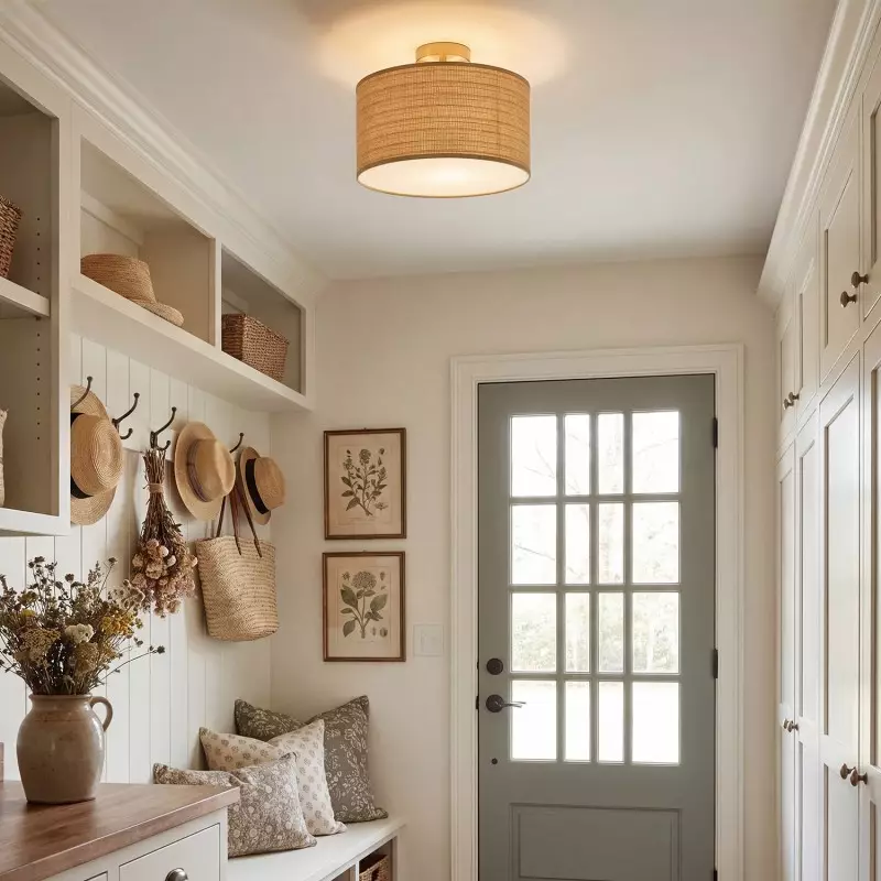 James Rustic Drum Woven Flush Mount Ceiling Light