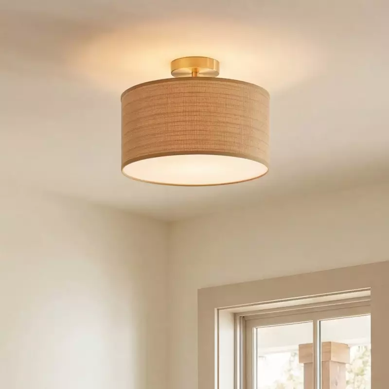 James Rustic Drum Woven Flush Mount Ceiling Light
