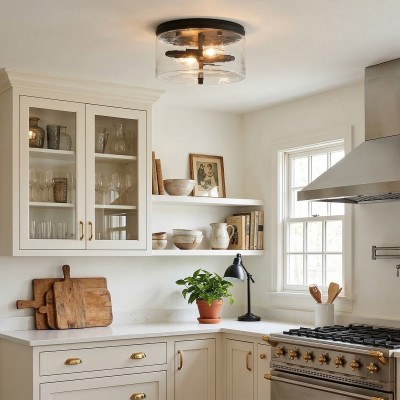 Quinlan Modern Black Drum Glass Flush Mount Ceiling Light