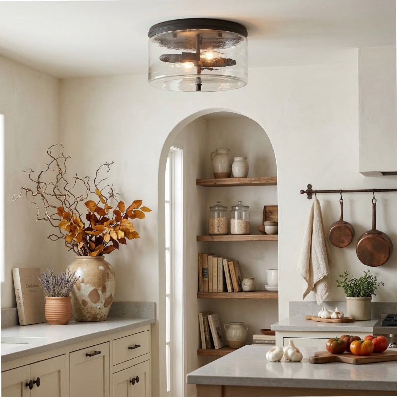 Quinlan Modern Black Drum Glass Flush Mount Ceiling Light