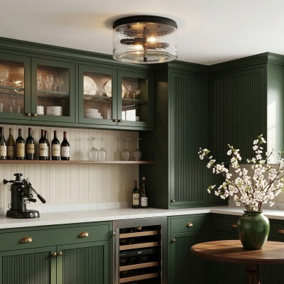 Quinlan Modern Black Drum Glass Flush Mount Ceiling Light