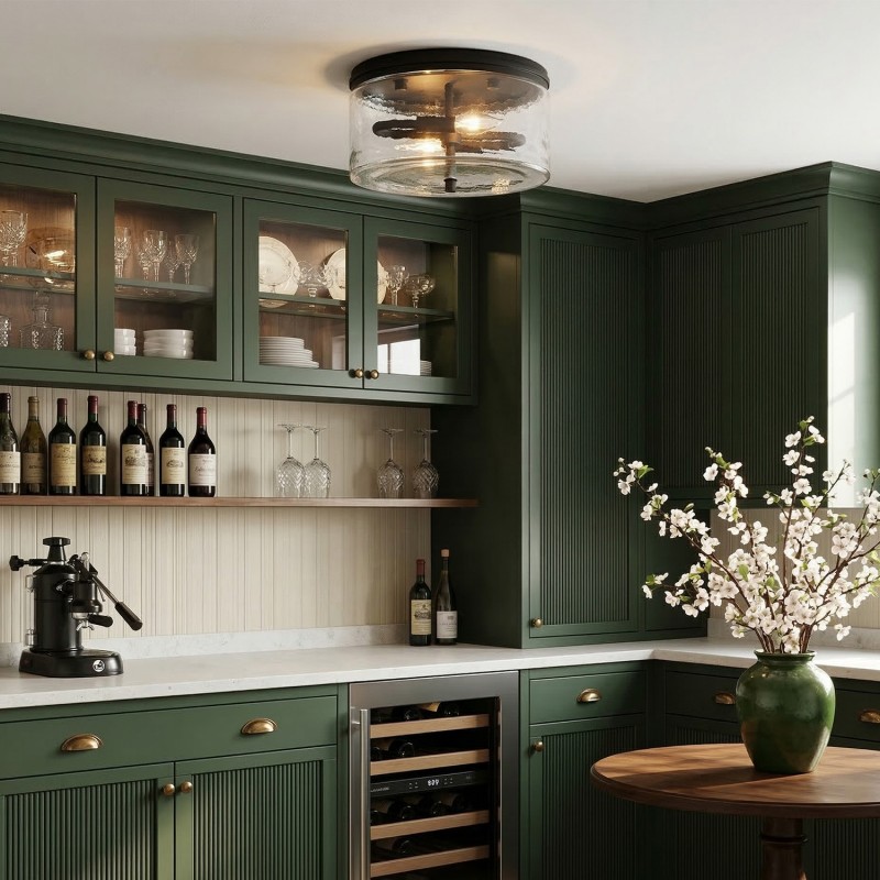 Quinlan Modern Black Drum Glass Flush Mount Ceiling Light