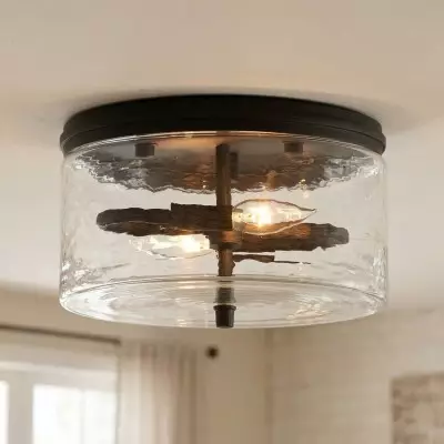 Quinlan Modern Black Drum Glass Flush Mount Ceiling Light