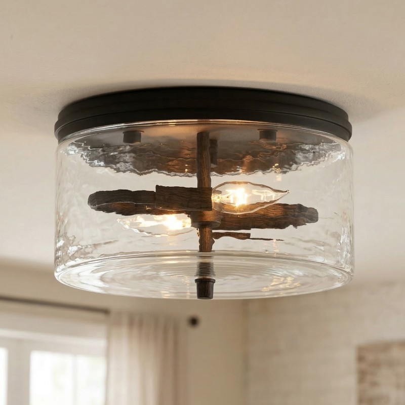 Quinlan Modern Black Drum Glass Flush Mount Ceiling Light