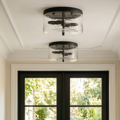 Quinlan Modern Black Drum Glass Flush Mount Ceiling Light
