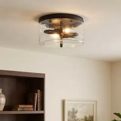 Quinlan Modern Black Drum Glass Flush Mount Ceiling Light