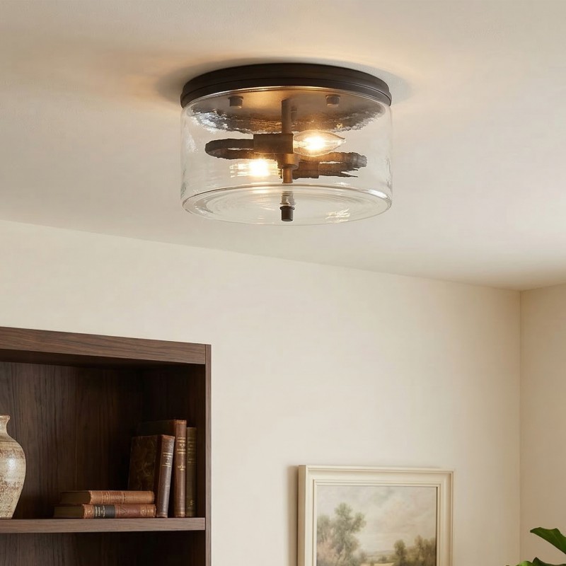 Quinlan Modern Black Drum Glass Flush Mount Ceiling Light