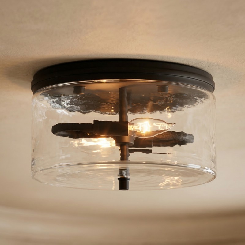 Quinlan Modern Black Drum Glass Flush Mount Ceiling Light