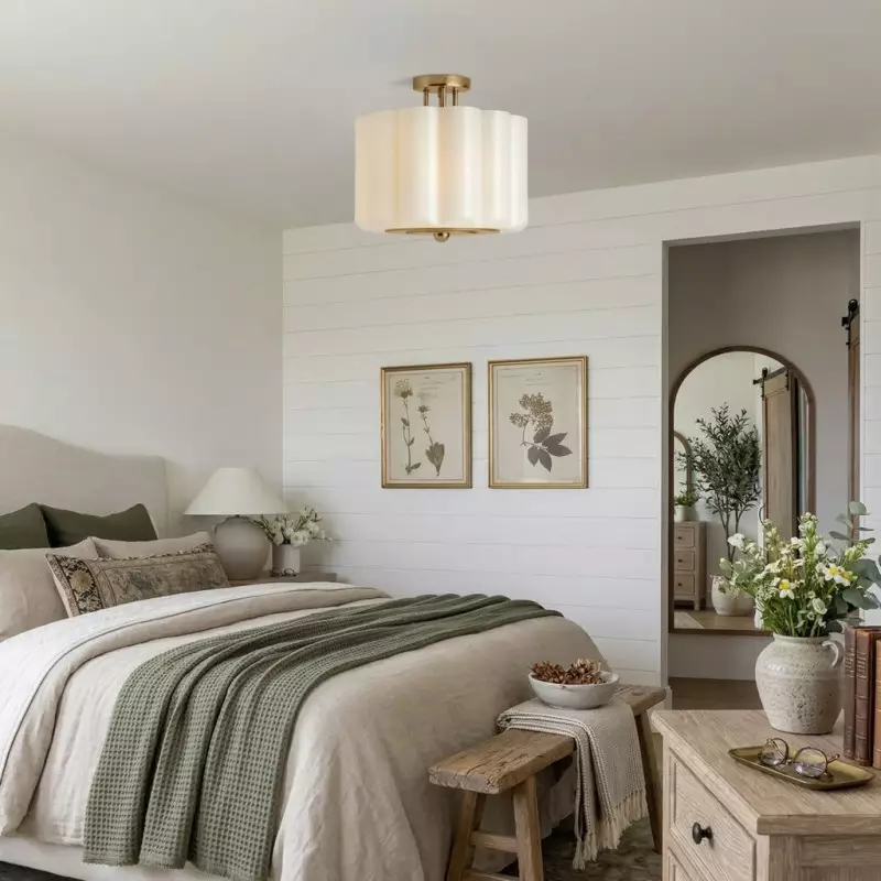 Hanahs Farmhouse Milk Glass Scalloped Shade Ceiling Light