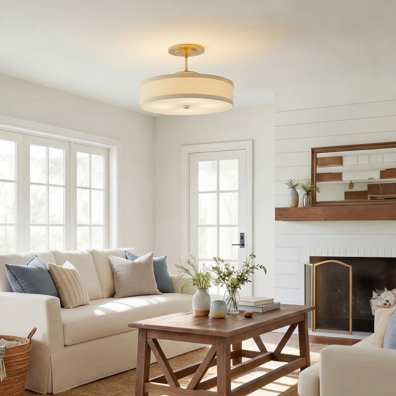 Delaney Rustic Fabric Drum Semi-Flush Mount Ceiling Light