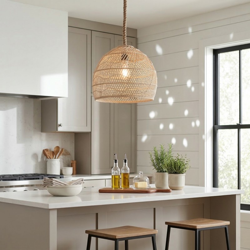 Laura Bohemian Style Bleached Rattan Pendant Light