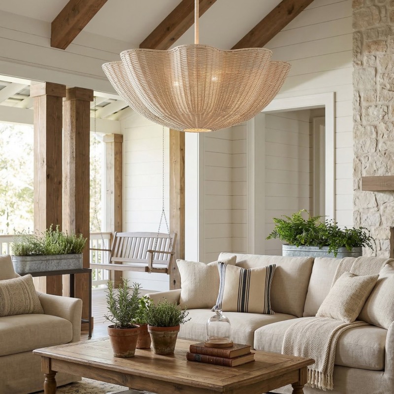 Daxter Bohemian Woven Rattan Scalloped Pendant Light