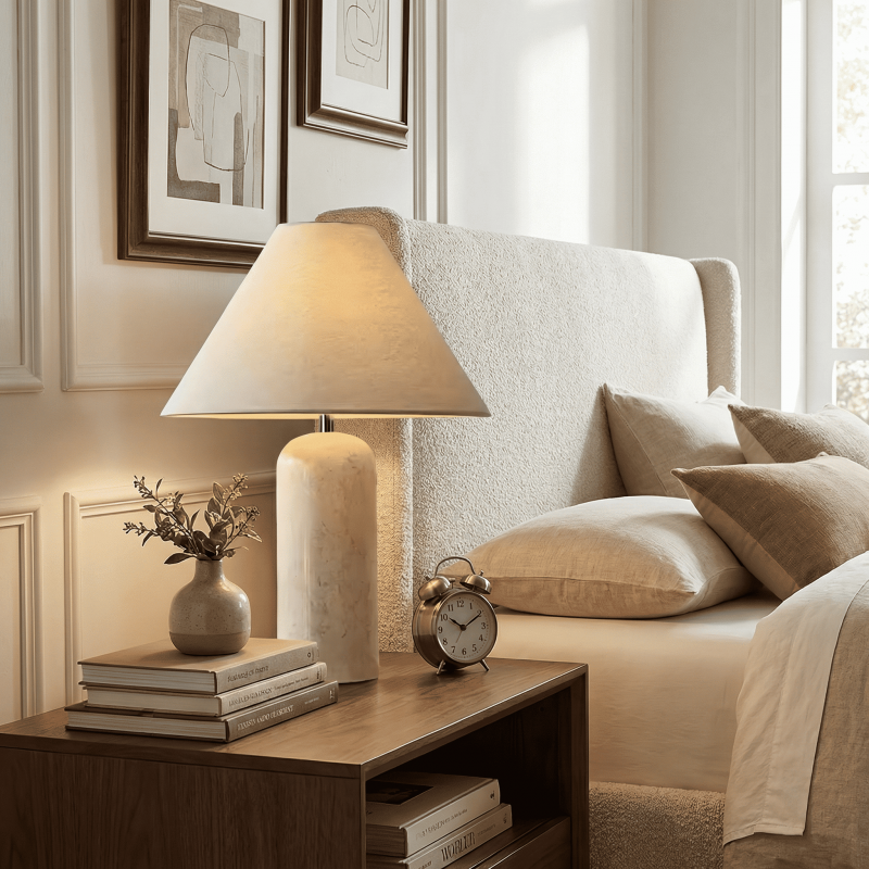 Hamlin Modern Linen & Travertine Cylindrical Table Lamp