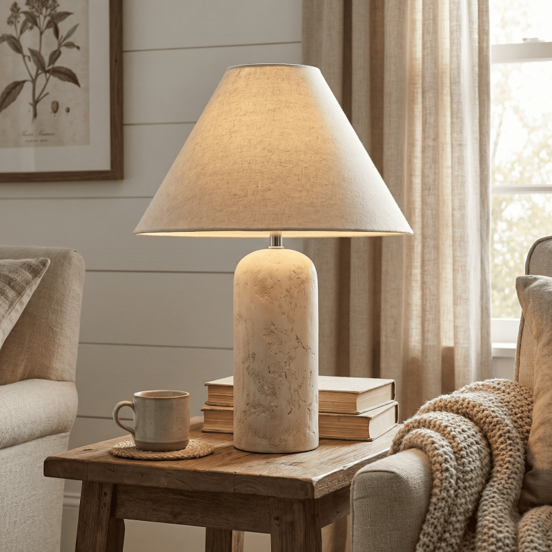 Hamlin Modern Linen & Travertine Cylindrical Table Lamp