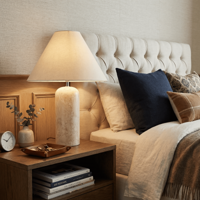 Hamlin Modern Linen & Travertine Cylindrical Table Lamp