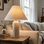 Hamlin Modern Linen & Travertine Cylindrical Table Lamp