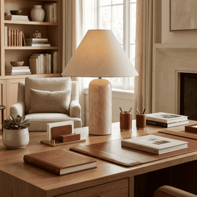 Hamlin Modern Linen & Travertine Cylindrical Table Lamp