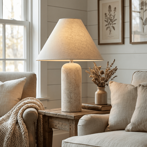 Hamlin Modern Linen & Travertine Cylindrical Table Lamp