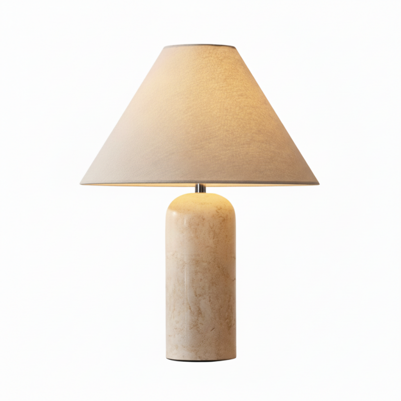 Hamlin Modern Linen & Travertine Cylindrical Table Lamp
