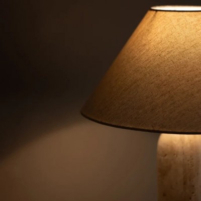 Hamlin Modern Linen & Travertine Cylindrical Table Lamp