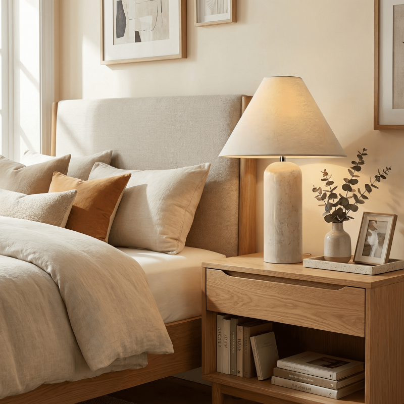 Hamlin Modern Linen & Travertine Cylindrical Table Lamp