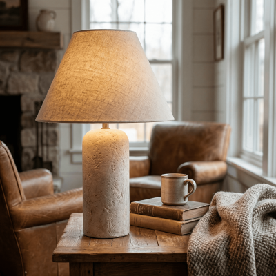 Hamlin Modern Linen & Travertine Cylindrical Table Lamp